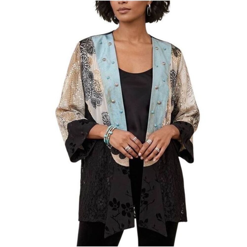 Spencer Alexis Silk patchwork lace & beaded kimono formal jacket womens 1X